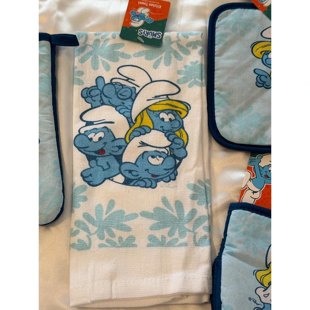 The Smurfs 4pc Kitchen Set Oven Mitt Mini Mitt Pot Holder Towel Blue New NWT